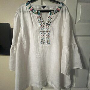TALBOTS 100% Linen Fish Embellished 3/4 Sleeve Tunic Blouse Women’s Size 3X